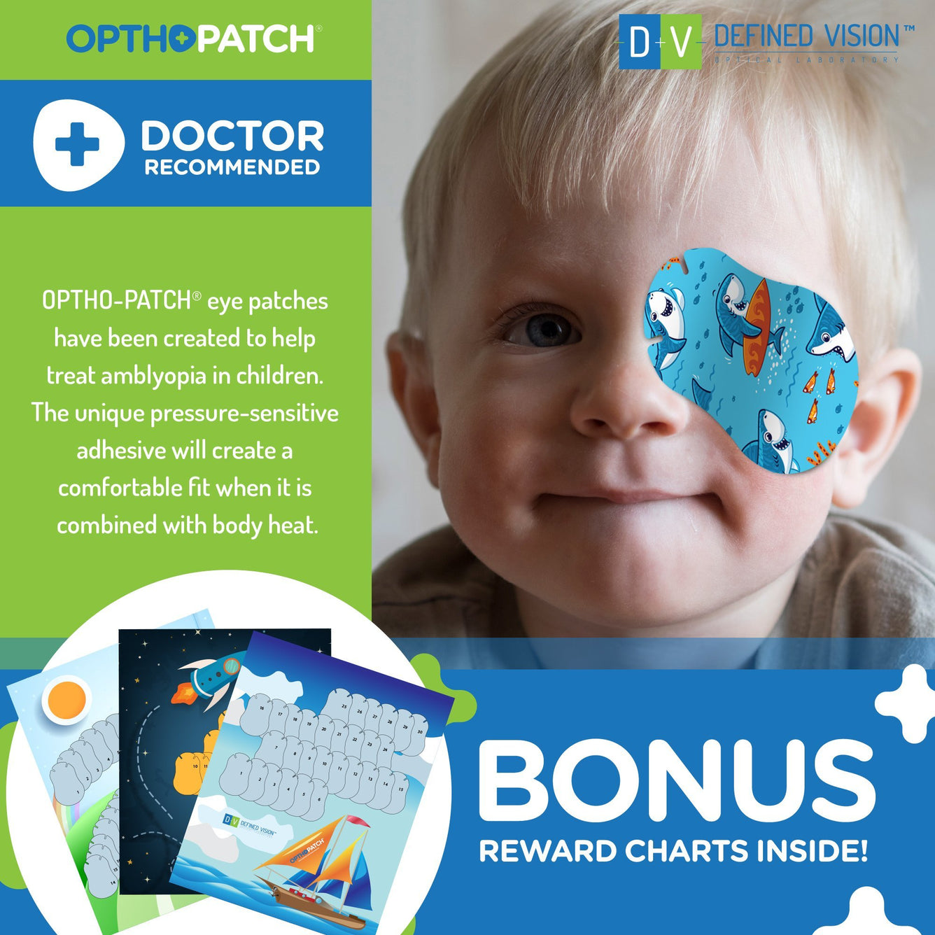 Children's Extra Sensitive Adhesive Eye Patch for Boys + Reward Charts Included