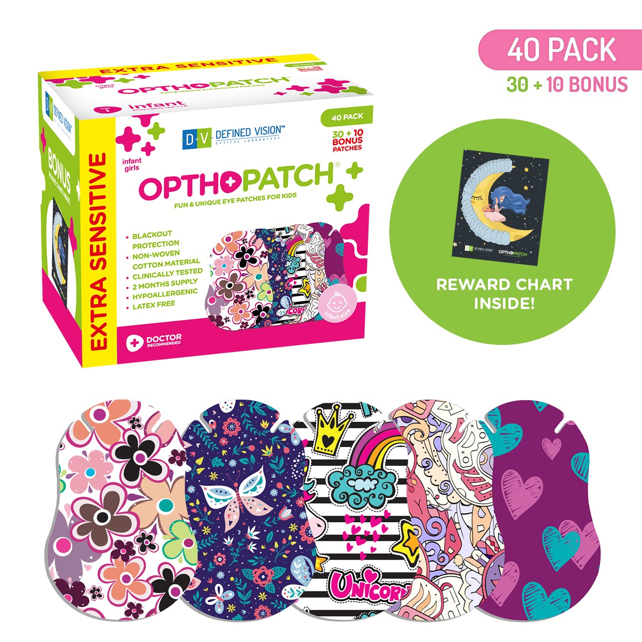 Opthopatch Extra Sensitive Adhesive Eye Patch for Infants with Fun Girls Design + Reward Charts Included