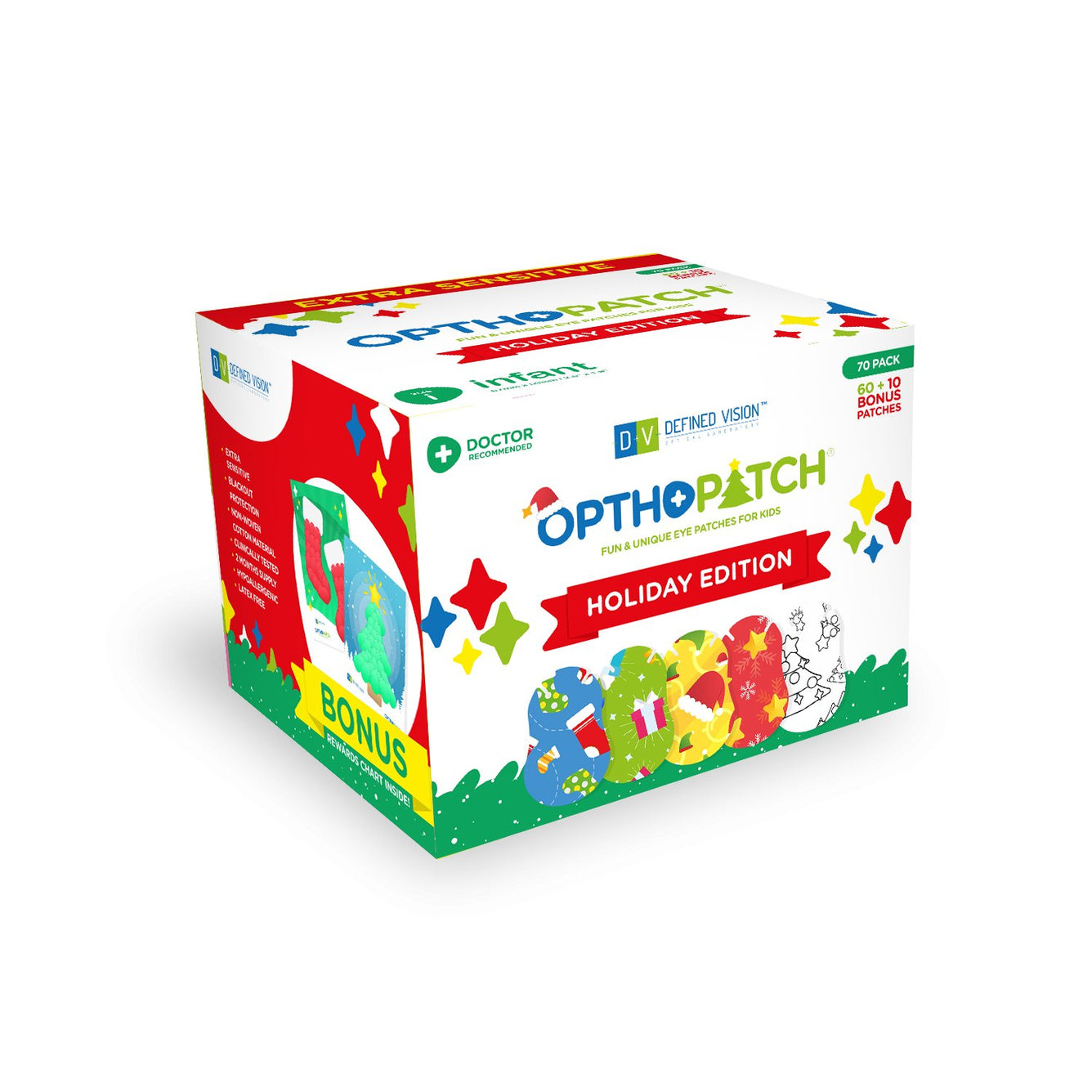 Opthopatch Holiday Edition Patches | Extra Sensitive Adhesive Eye Patches for Infants [70 count] + 2 Reward Chart Posters