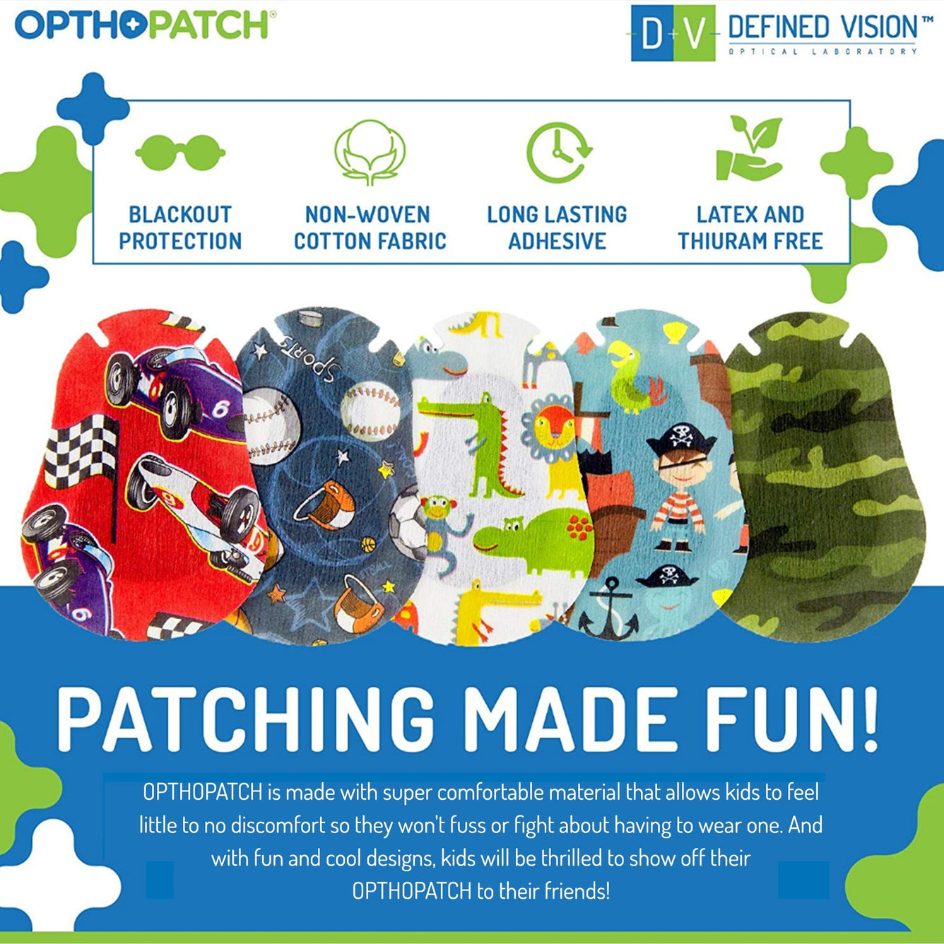 Opthopatch Extra Sensitive Adhesive Eye Patch for Infants with Boys Design [40 pack]