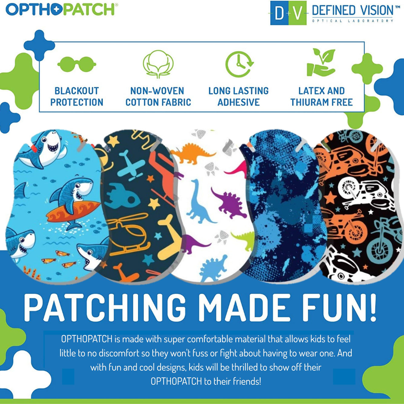 Opthopatch Extra Sensitive Adhesive Eye Patch for Infants with Boys Design  + Reward Charts Included
