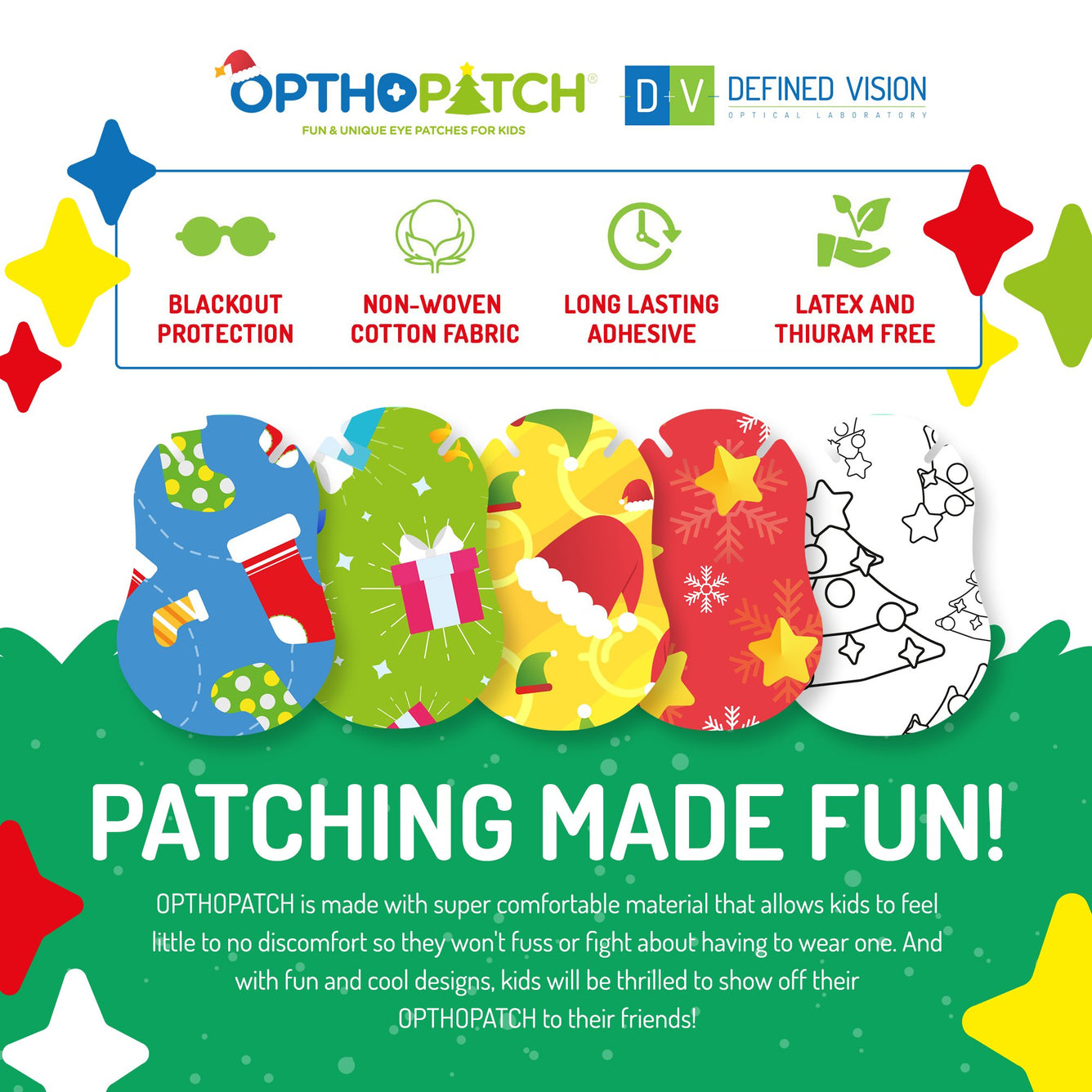 Opthopatch Holiday Edition Patches | Extra Sensitive Adhesive Eye Patches for Boys and Girls [70 count] + 2 Reward Chart Posters