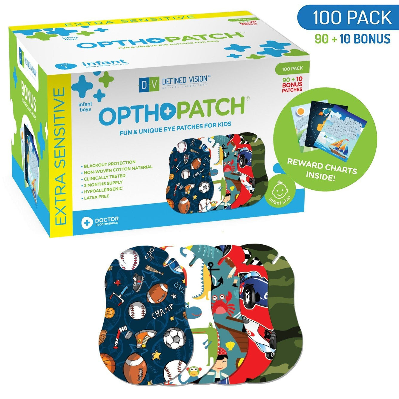 Opthopatch Extra Sensitive Adhesive Eye Patch for Infants with Boys Design + Reward Charts Included