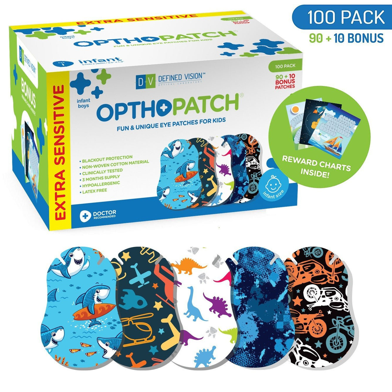 Opthopatch Extra Sensitive Adhesive Eye Patch for Infants with Boys Design + Reward Charts Included