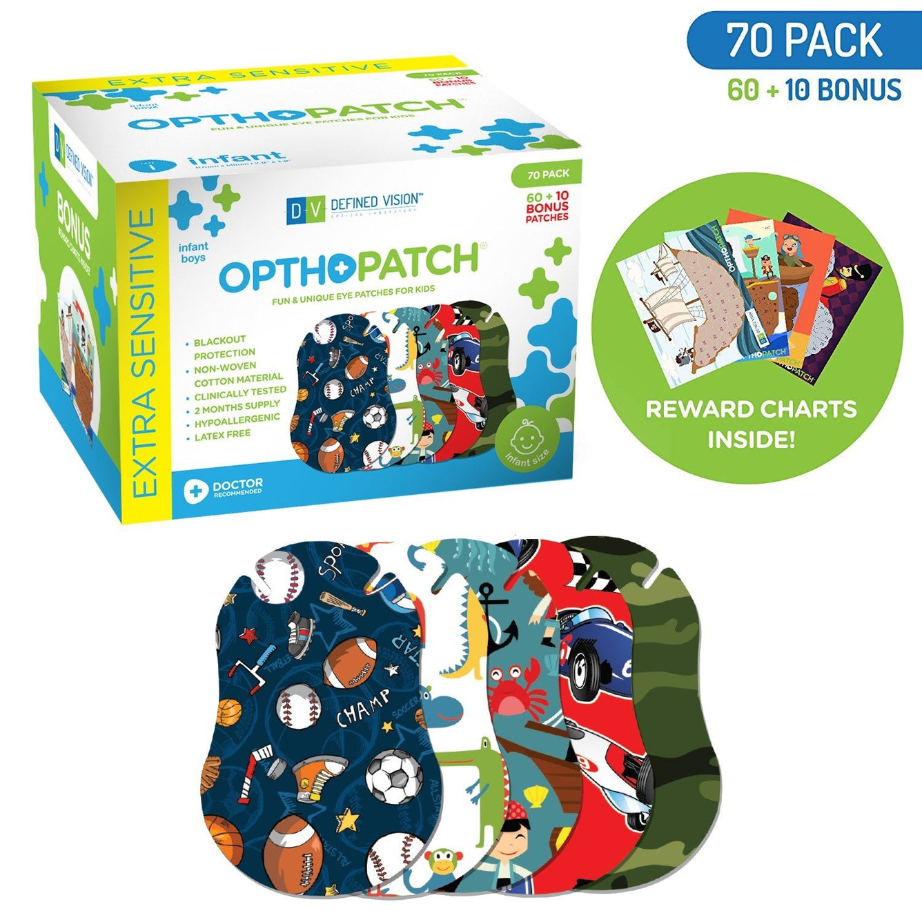 Opthopatch Extra Sensitive Adhesive Eye Patch for Infants with Boys Design + Reward Charts Included