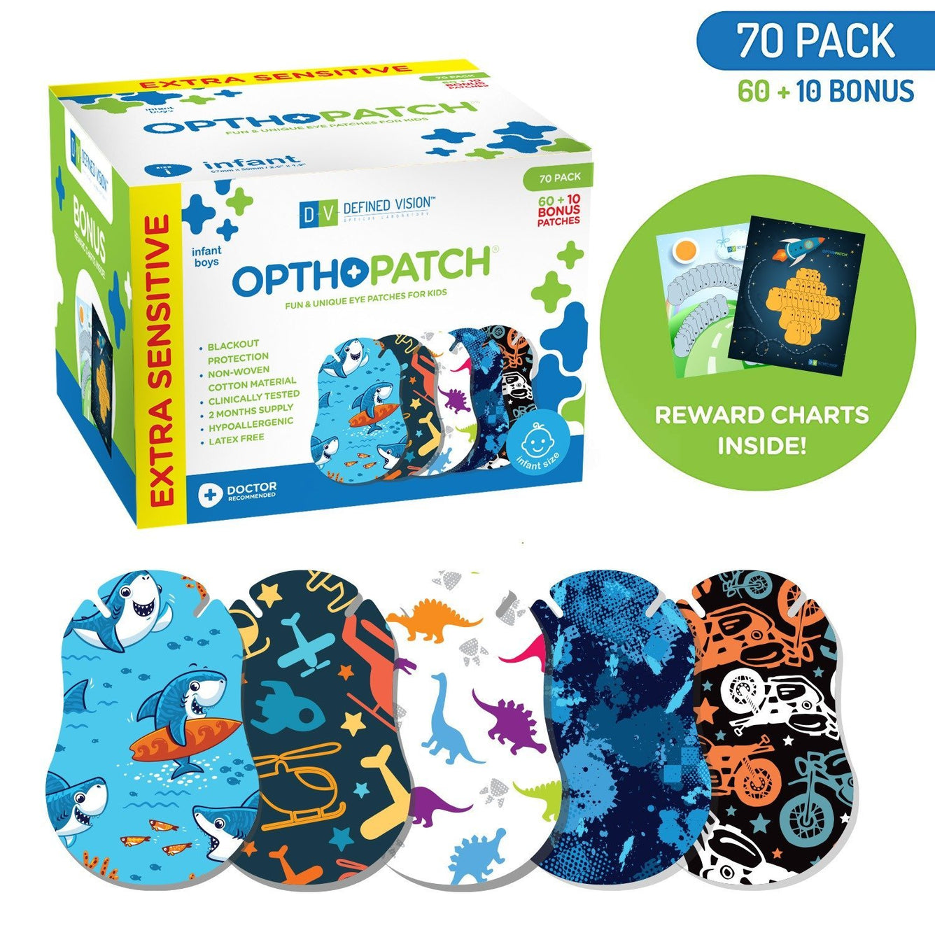 Opthopatch Extra Sensitive Adhesive Eye Patch for Infants with Boys Design + Reward Charts Included