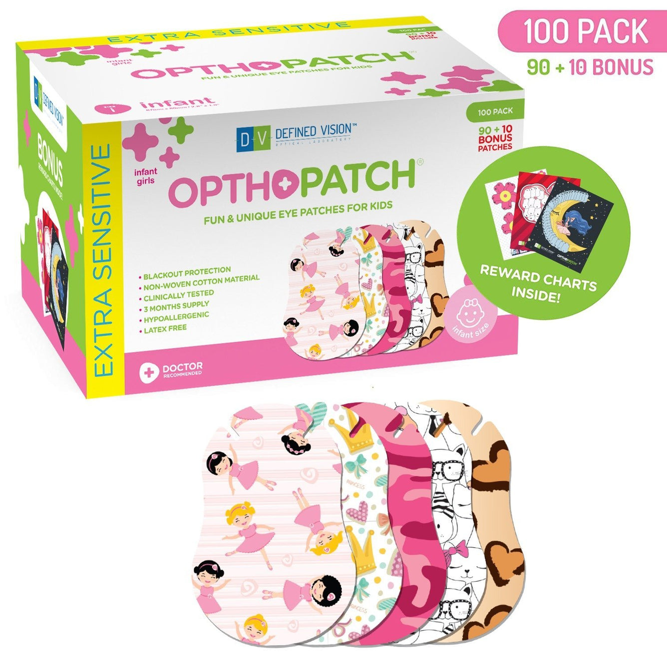 Opthopatch Extra Sensitive Adhesive Eye Patch for Infants with Fun Girls Design + Reward Charts Included