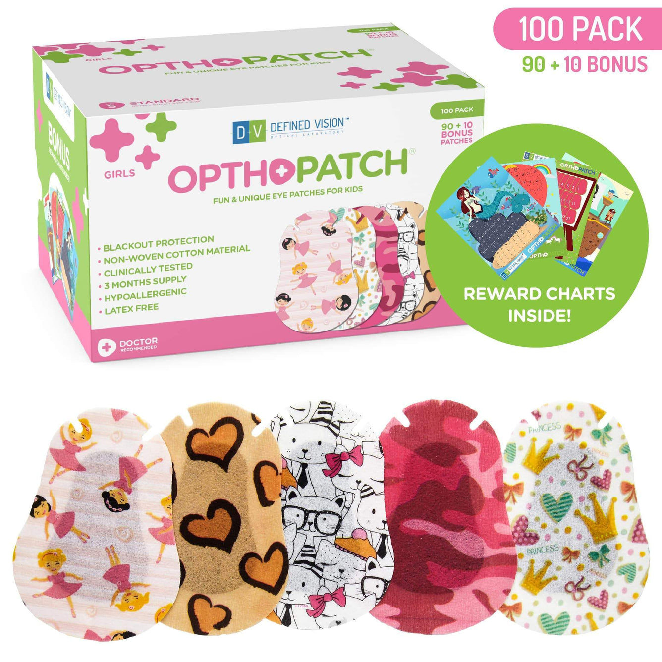 Children's Extra Sensitive Adhesive Eye Patch for Girls + Reward Charts Included